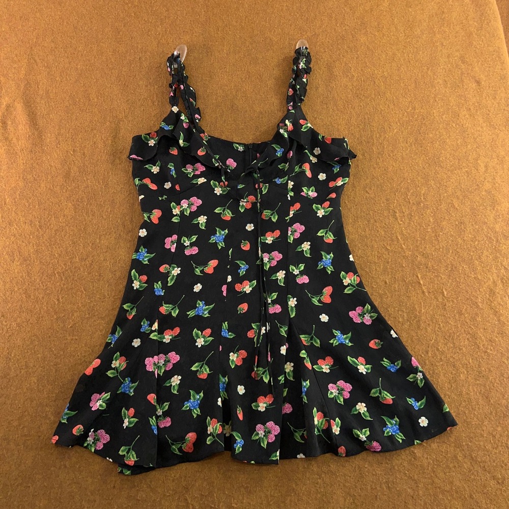 Zara Womens Large Black Berry Floral Ruffle Strap Mini Dress New